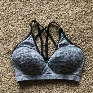Gray v neck padded racer back sports bra